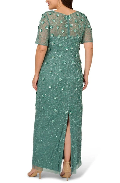 Adrianna Papell 3d Floral Beaded Evening Gown In Green Slate