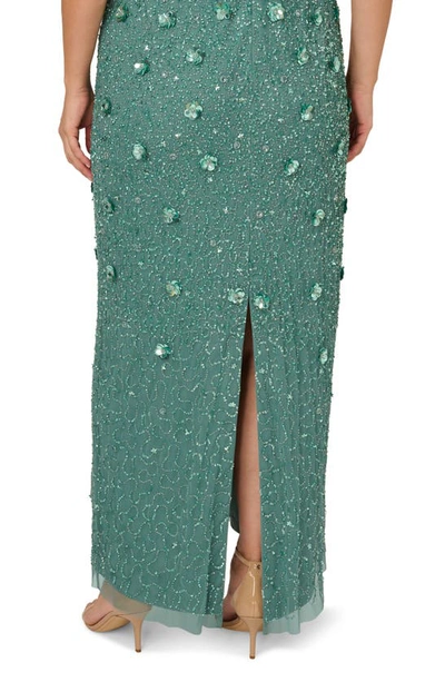 Adrianna Papell 3d Floral Beaded Evening Gown In Green Slate