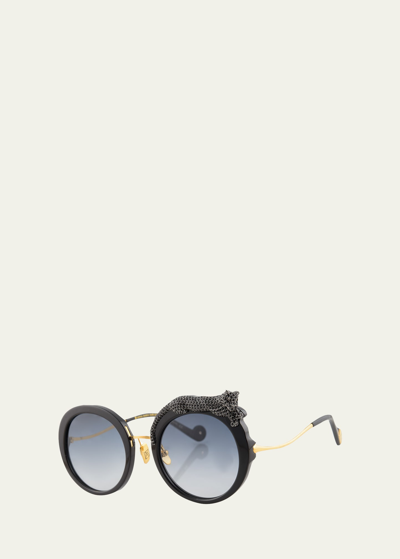Shop Anna-karin Karlsson Rose Et La Roue Round Crystal-embellished Leopard Sunglasses In Black/black