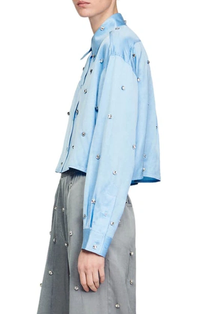 Shop Sandro Yoncey Rhinestone Crop Button-up Shirt In Sky Blue