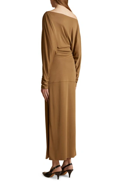 Shop Khaite Junet Ruched Asymmetric Long Sleeve One-shoulder Dress In Toffee