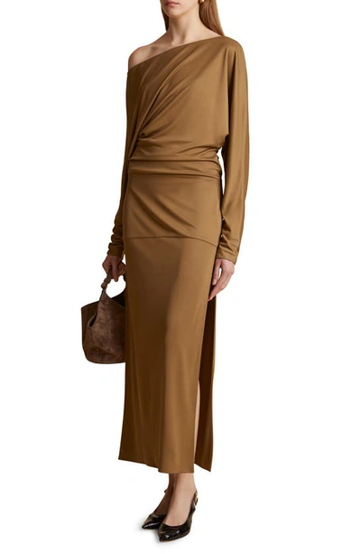 Shop Khaite Junet Ruched Asymmetric Long Sleeve One-shoulder Dress In Toffee