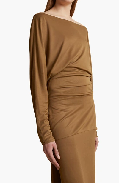 Shop Khaite Junet Ruched Asymmetric Long Sleeve One-shoulder Dress In Toffee