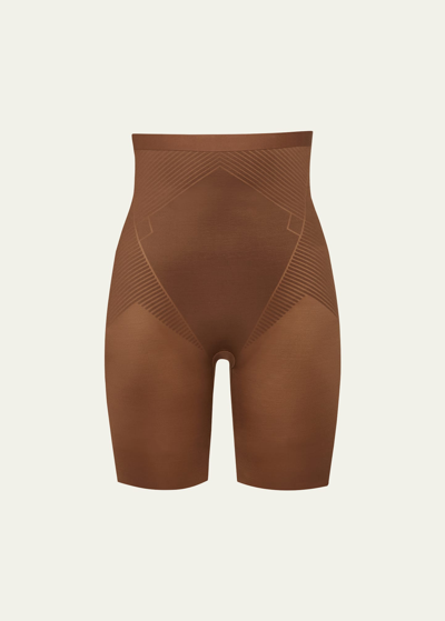 Shop Spanx Thinstincts 2.0 High-waisted Mid-thigh Shorts In Chestnut Brown
