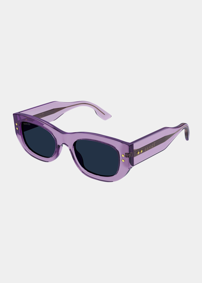 Shop Gucci Embellished Rectangle Acetate Sunglasses In Violet