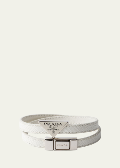 Shop Prada Men's Saffiano Leather Logo Bracelet In White