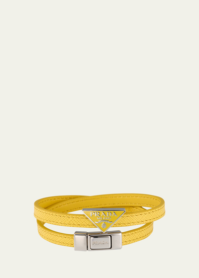 Shop Prada Men's Saffiano Leather Logo Bracelet In Yellow