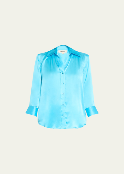 Shop L Agence Dani Silk Satin 3/4-sleeve Button-down Blouse In Aqua