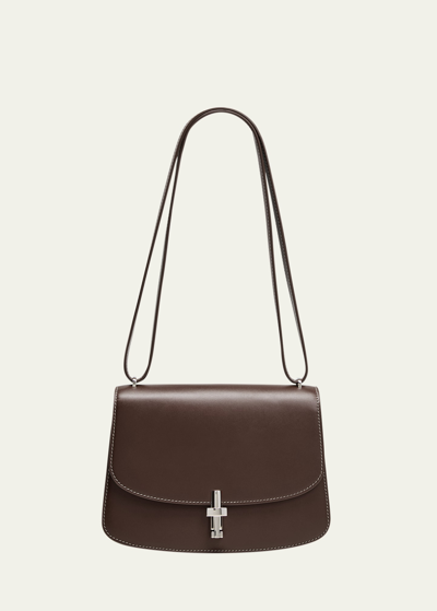 Shop The Row Sofia Saddle Crossbody Bag In Box Leather In Dark Chocolate