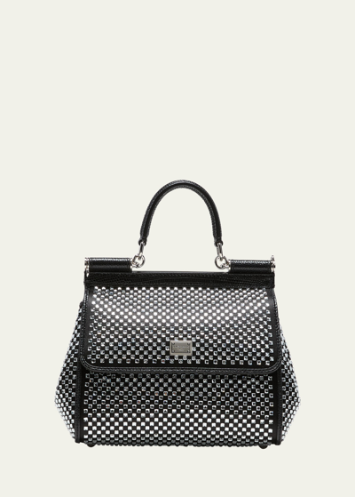 Shop Dolce & Gabbana Sicily Small Crystal Satin Top-handle Bag In 8s488 Nero Crysta