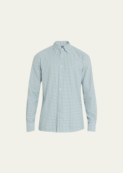 Shop Bergdorf Goodman Men's Cotton Check-print Sport Shirt In 130 Lt Blue Grn