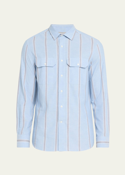 Shop Brunello Cucinelli Men's Stripe Casual Button-down Shirt With Pockets In Light Blue