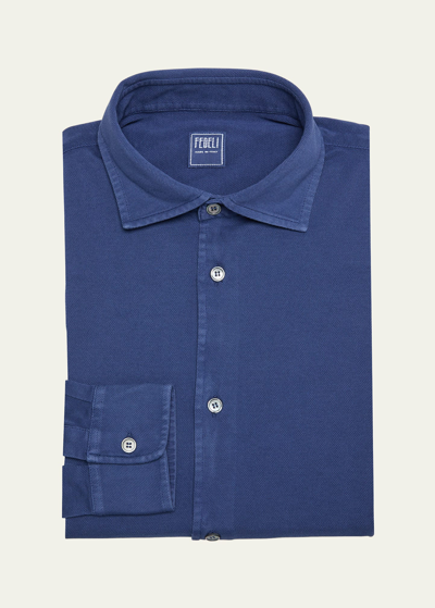 Shop Fedeli Men's Frosted Pique Casual Button-down Shirt In Navy