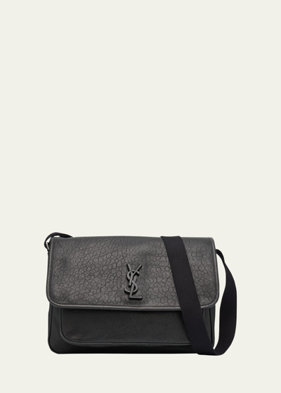 Shop Saint Laurent Men's Niki Ysl Messenger Bag In Grained Leather In Nero