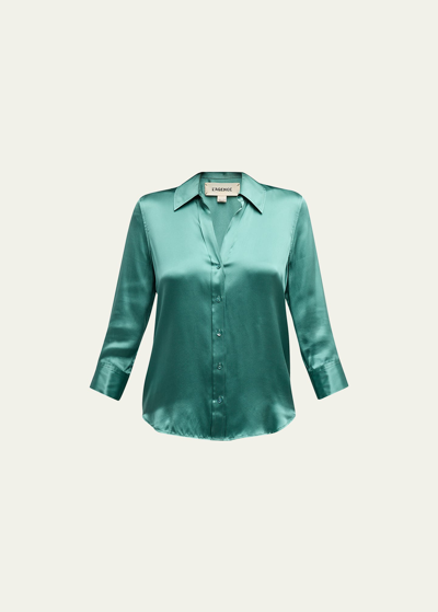 Shop L Agence Dani Silk Satin 3/4-sleeve Button-down Blouse In Green Jasper