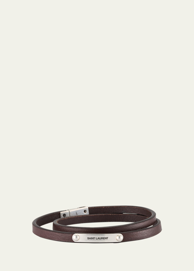 Shop Saint Laurent Men's Logo Plaque Leather Wrap Bracelet In Brown Oak