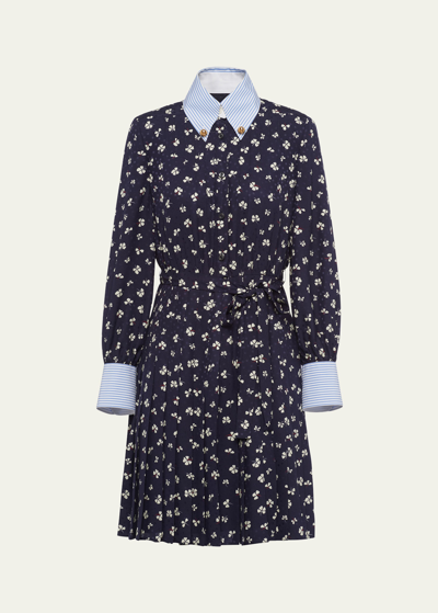 Shop Prada Jacquard Flower Pleated Belted Mini Dress In F0008 Bleu