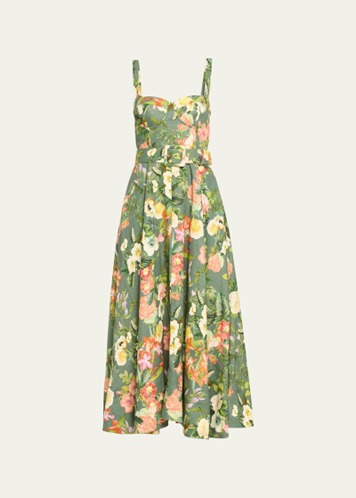 Shop Cara Cara Calypso Sweetheart Bustier Floral Linen Midi Dress In Olive Kingston Fl