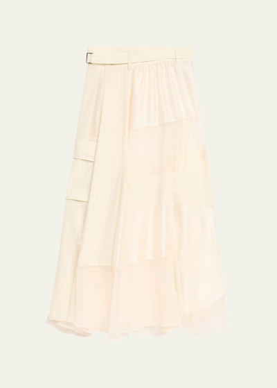 Shop Sacai Long Belted Chalk Stripe Skirt In Off White