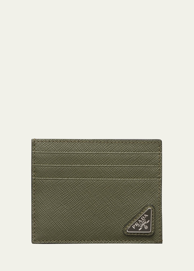 Shop Prada Men's Saffiano Leather Logo Card Case In F0466 Loden