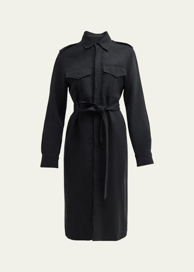Shop Nili Lotan Marcia Belted Linen Dress With Safari Pockets In Black