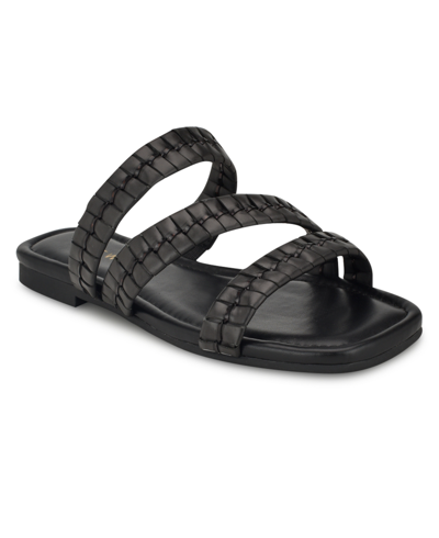 Shop Nine West Women's Quinlea Strappy Square Toe Flat Sandals In Black