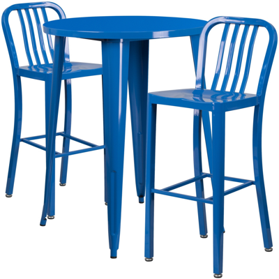 Shop Flash Furniture 30'' Round Blue Metal Indoor-outdoor Bar Table Set With 2 Vertical Slat Back Stools