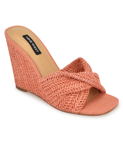 Shop Nine West Women's Nikhil Slip-on Square Toe Wedge Sandals In Orange