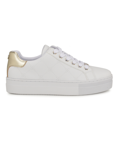 Shop Nine West Women's Gatspy Round Toe Lace-up Casual Sneakers In White,gold