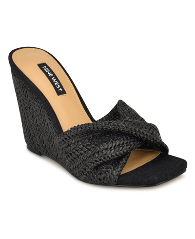 Shop Nine West Women's Nikhil Slip-on Square Toe Wedge Sandals In Black