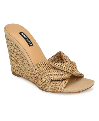 Shop Nine West Women's Nikhil Slip-on Square Toe Wedge Sandals In Medium Natural