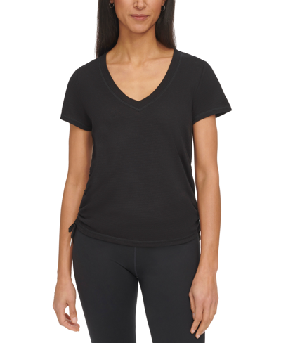 Shop Calvin Klein Women's Drawstring-ruched Textured Top In Black