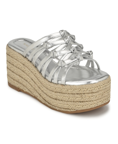 Shop Nine West Women's Cristy Strappy Open Toe Wedge Sandals In Silver