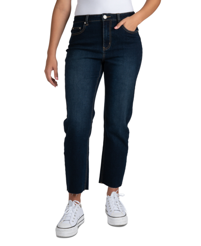 Shop Indigo Rein Juniors' High-rise Straight-leg Raw-hem Jeans In Dark Blue