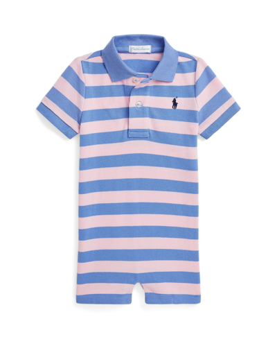 Shop Polo Ralph Lauren Baby Boys Striped Cotton Mesh Polo Shortall In Garden Pink,harbor Island Blue