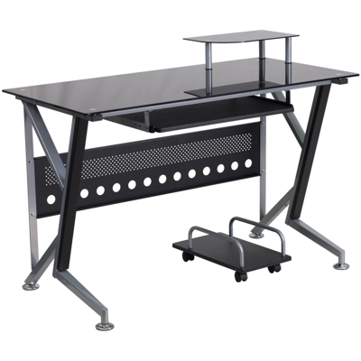 Shop Flash Furniture Black Glass Computer Desk With Pull-out Keyboard Tray And Cpu Cart