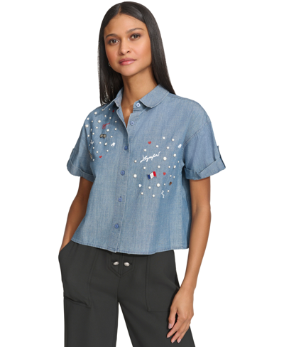 Shop Karl Lagerfeld Women's Embellished Cropped Chambray Top In Icelandic Blue Wash