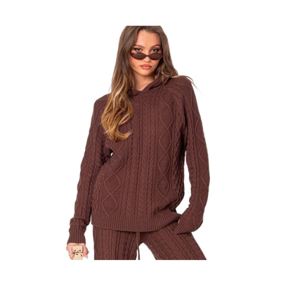 Shop Edikted Women's Jelena Cable Knit Hoodie In Brown