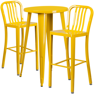 Shop Flash Furniture 24'' Round Yellow Metal Indoor-outdoor Bar Table Set With 2 Vertical Slat Back Stools