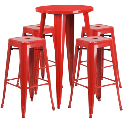Shop Flash Furniture 24'' Round Red Metal Indoor-outdoor Bar Table Set With 4 Square Seat Backless Stools