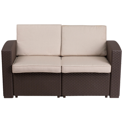 Shop Flash Furniture Chocolate Brown Faux Rattan Loveseat With All-weather Beige Cushions