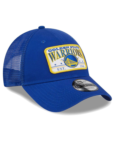 New Era Royal Golden State Warriors Plate Oversized Patch Trucker 9forty Adjustable Hat In Royal
