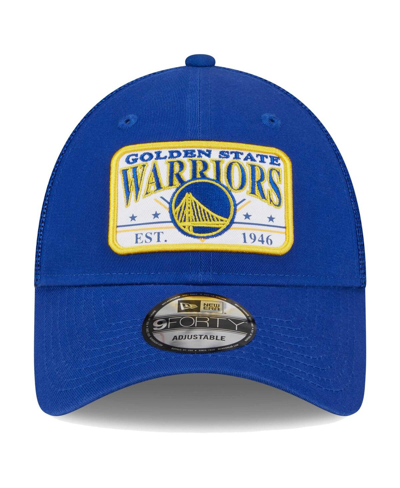 New Era Royal Golden State Warriors Plate Oversized Patch Trucker 9forty Adjustable Hat In Royal