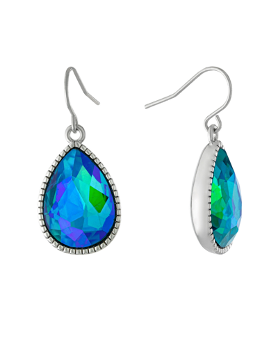 Shop Macy's Pear Shape Crystal Drop Earrings (7/25 Ct. T.w.) In Fine Silver Plated Brass In Aqua Aurora Borealis