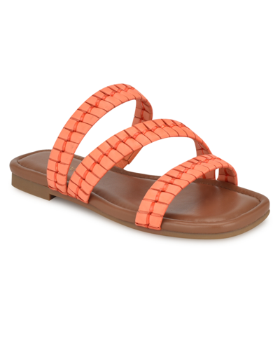 Shop Nine West Women's Quinlea Strappy Square Toe Flat Sandals In Orange
