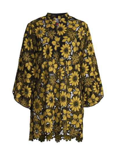 Shop La Vie Style House Women's Sunflower Open-lace Long-sleeve Mini Caftan In Yellow