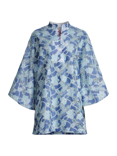 Shop La Vie Style House Women's Floral Embroidered Lace Long-sleeve Mini Caftan In Blue Multi