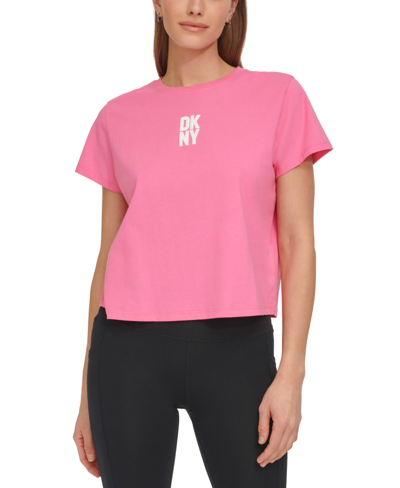 Shop Dkny Sport Women's Cotton Crewneck Puff-logo Cropped T-shirt In Azalea