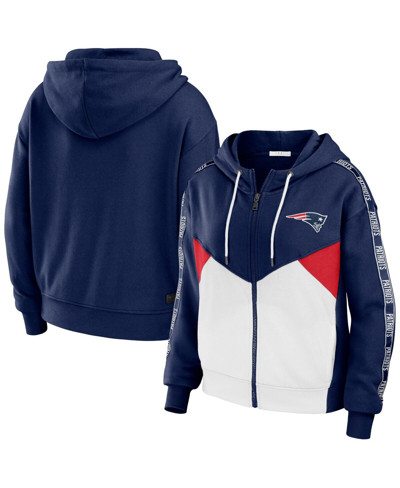 Wear By Erin Andrews Navy/white New England Patriots Color Block Light Weight Modest Crop Full-zip H In Navy,white