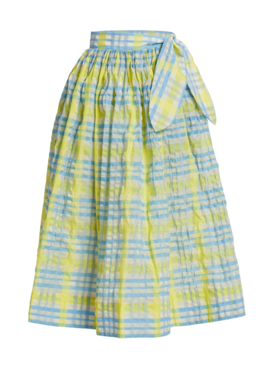 Shop Rosie Assoulin Women's Plaid Cotton-blend Midi-skirt In Aqua Yellow